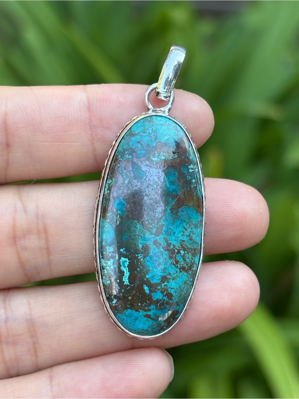 Turquoise Oval Stone Silver Pendant - Blue-Green Jewelry